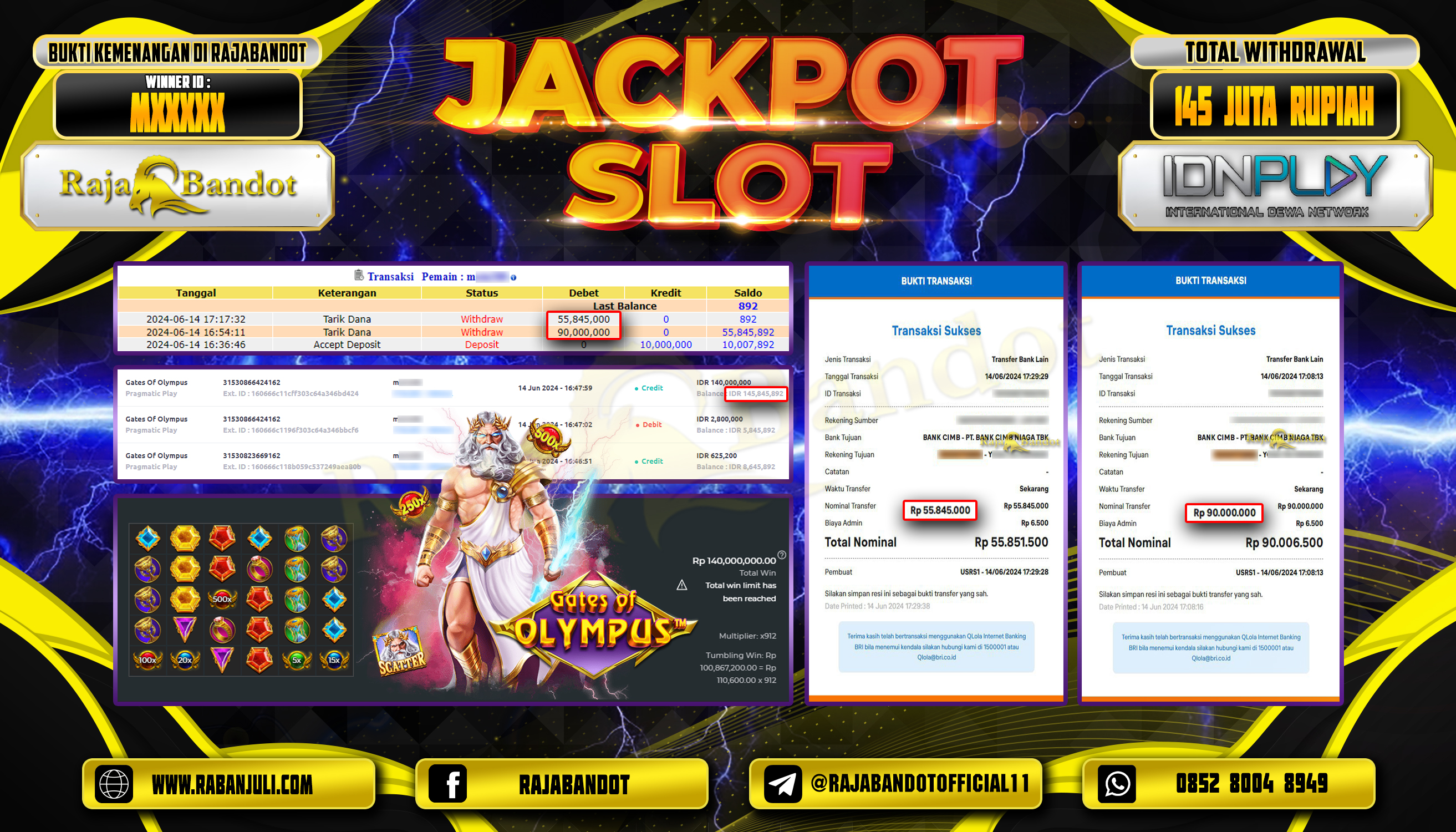 RAJABANDOT JACKPOT SLOT GATES OF OLYMPUS Rp.145,845,000,-