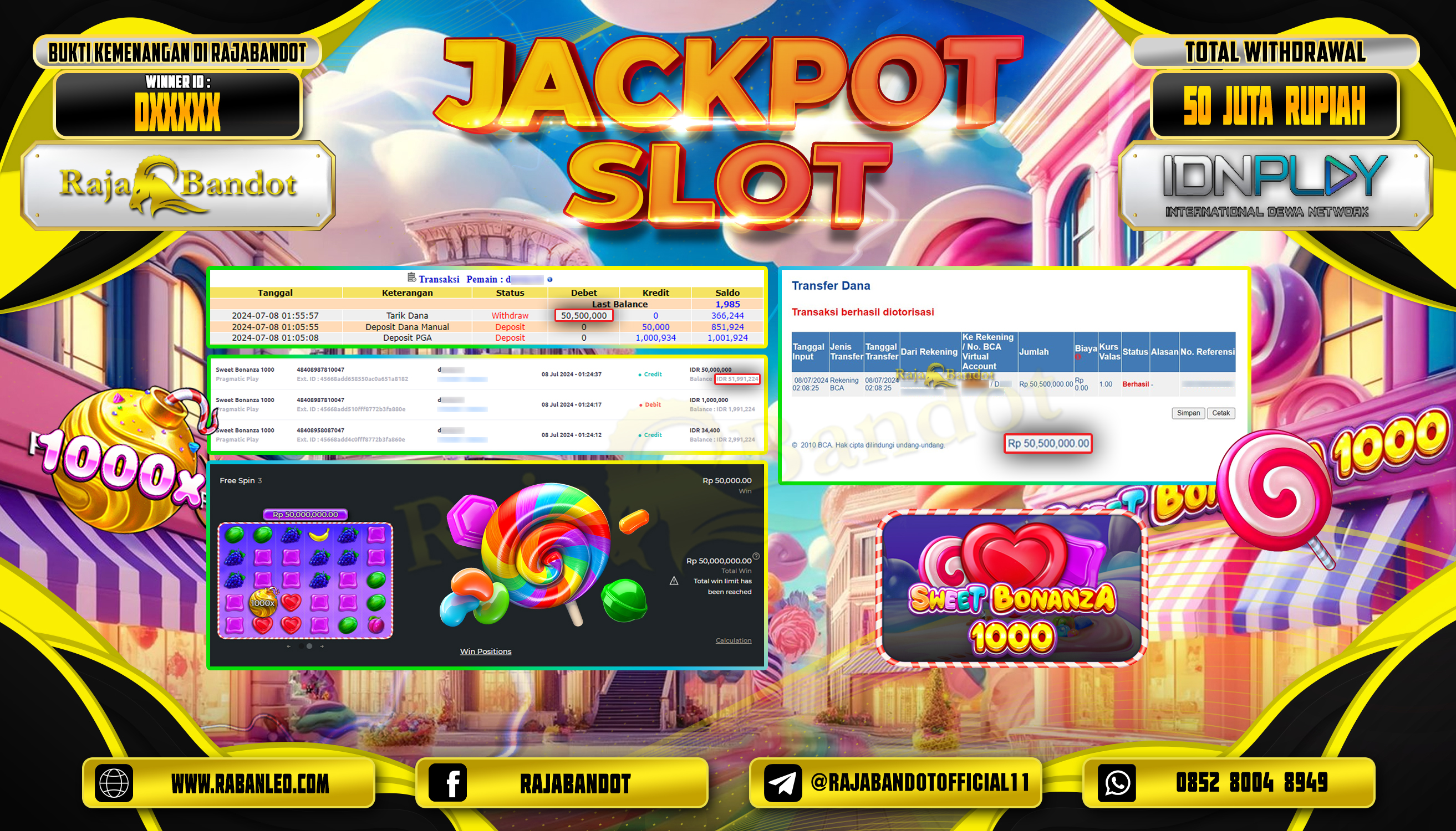 RAJABANDOT JACKPOT SLOT SWEET BONANZA 1000 Rp.50,500,000,-