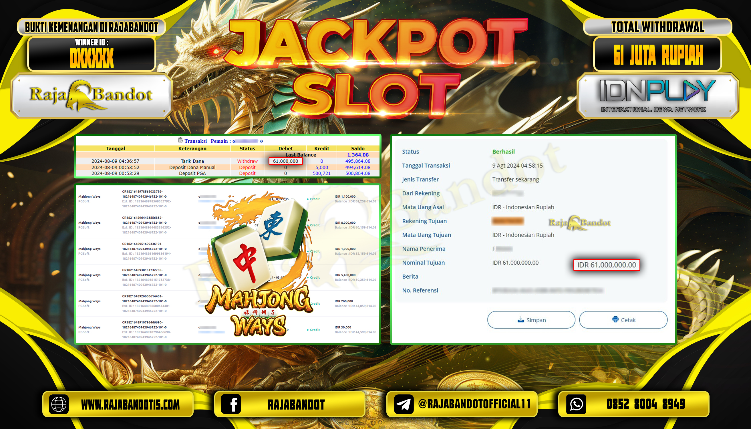 RAJABANDOT JACKPOT SLOT MAHJONG WAYS Rp.61,000,000,-