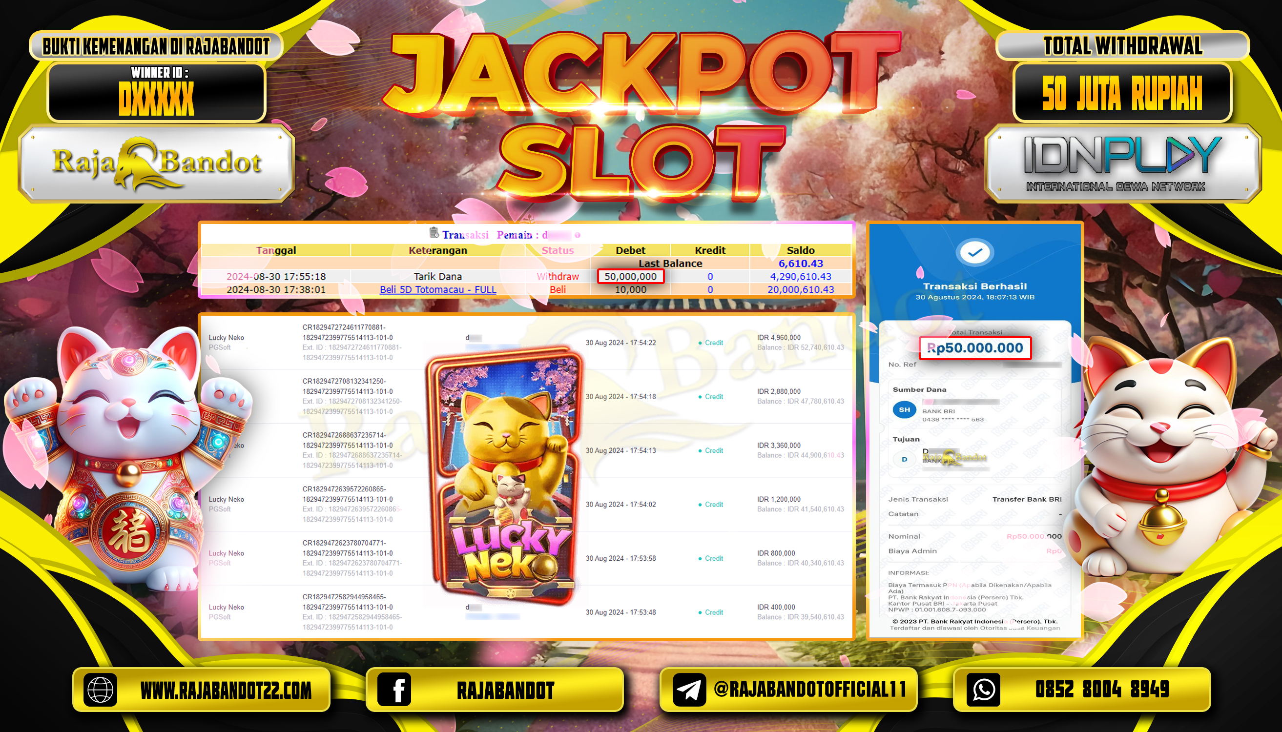RAJABANDOT JACKPOT SLOT LUCKY NEKO Rp.50,000,000,-