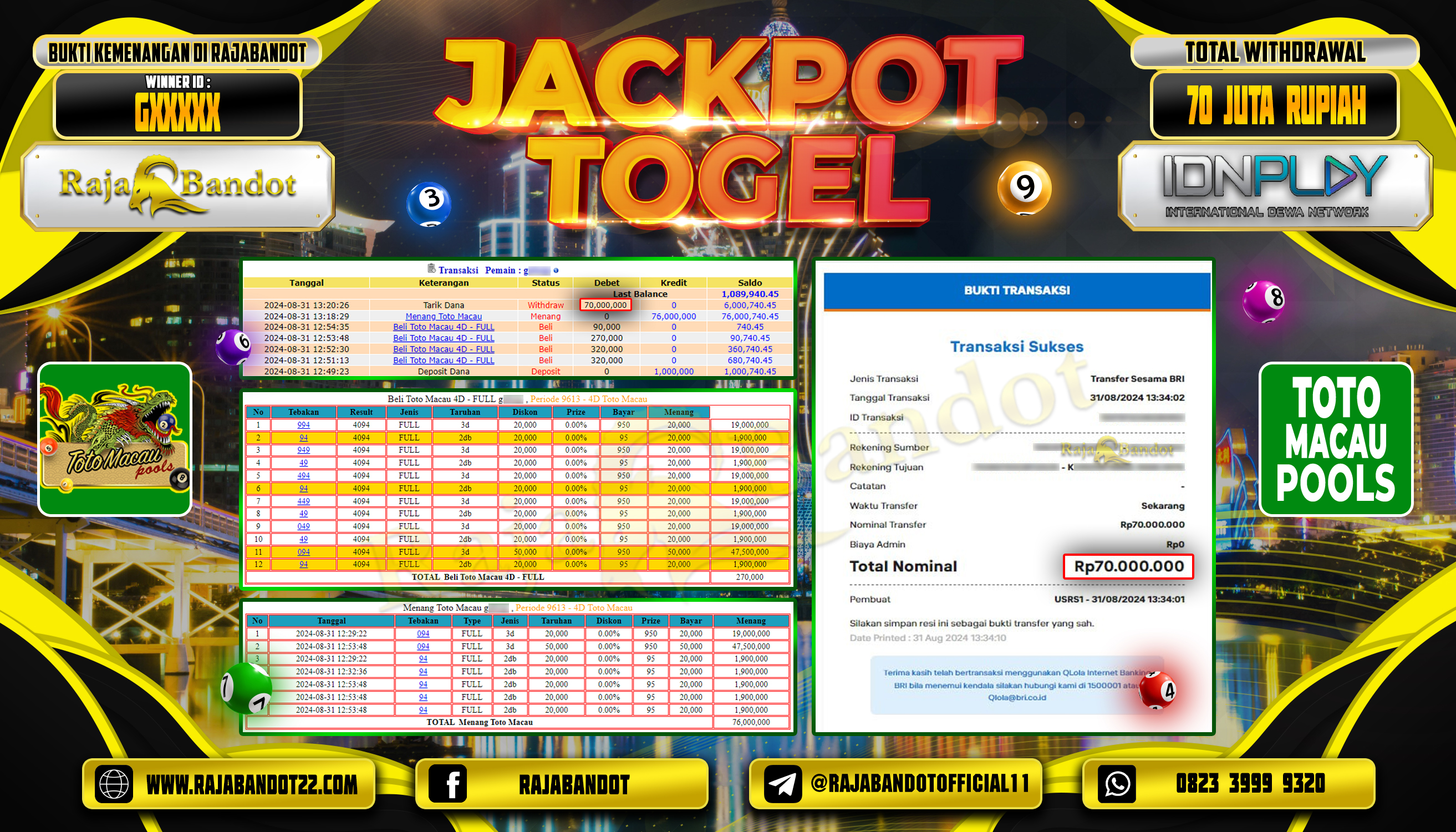 RAJABANDOT JACKPOT TOGEL TOTO MACAU POOLS Rp.70,000,000,-