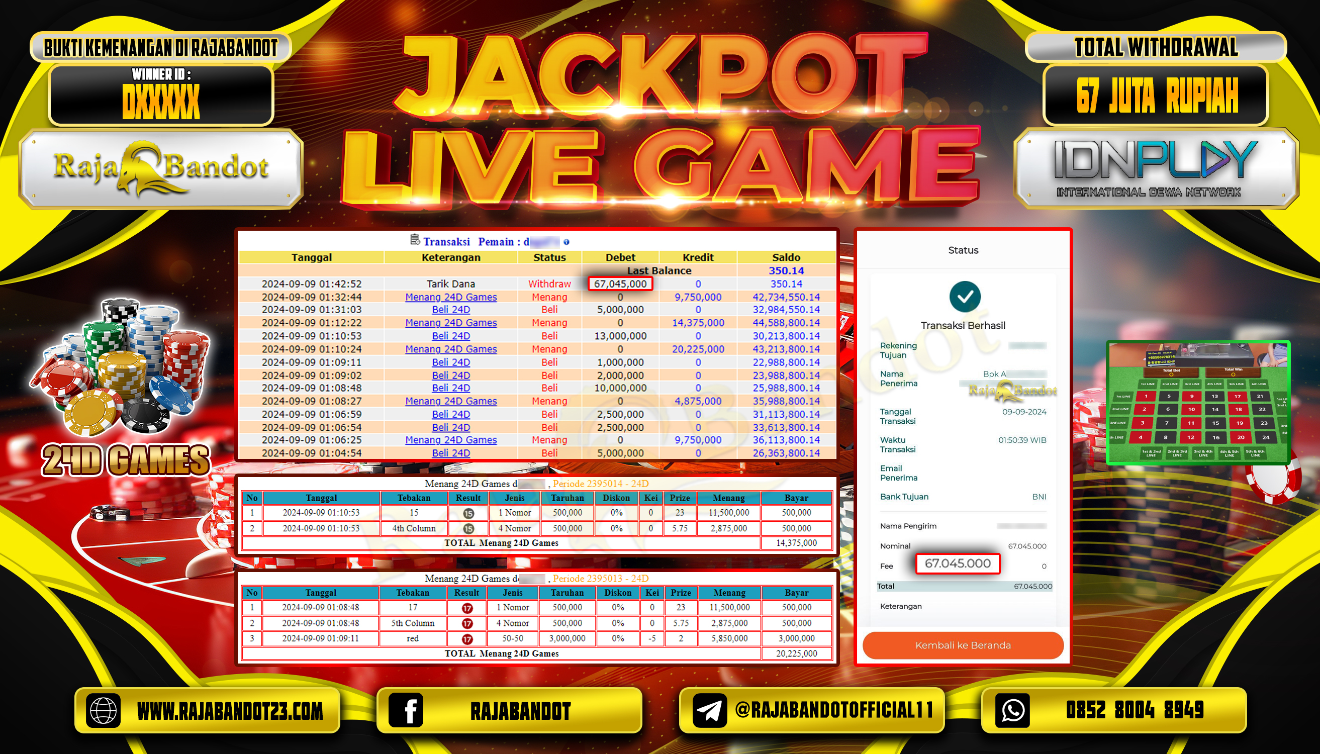 RAJABANDOT JACKPOT LIVE GAME 24D GAMES Rp.67,045,000,-