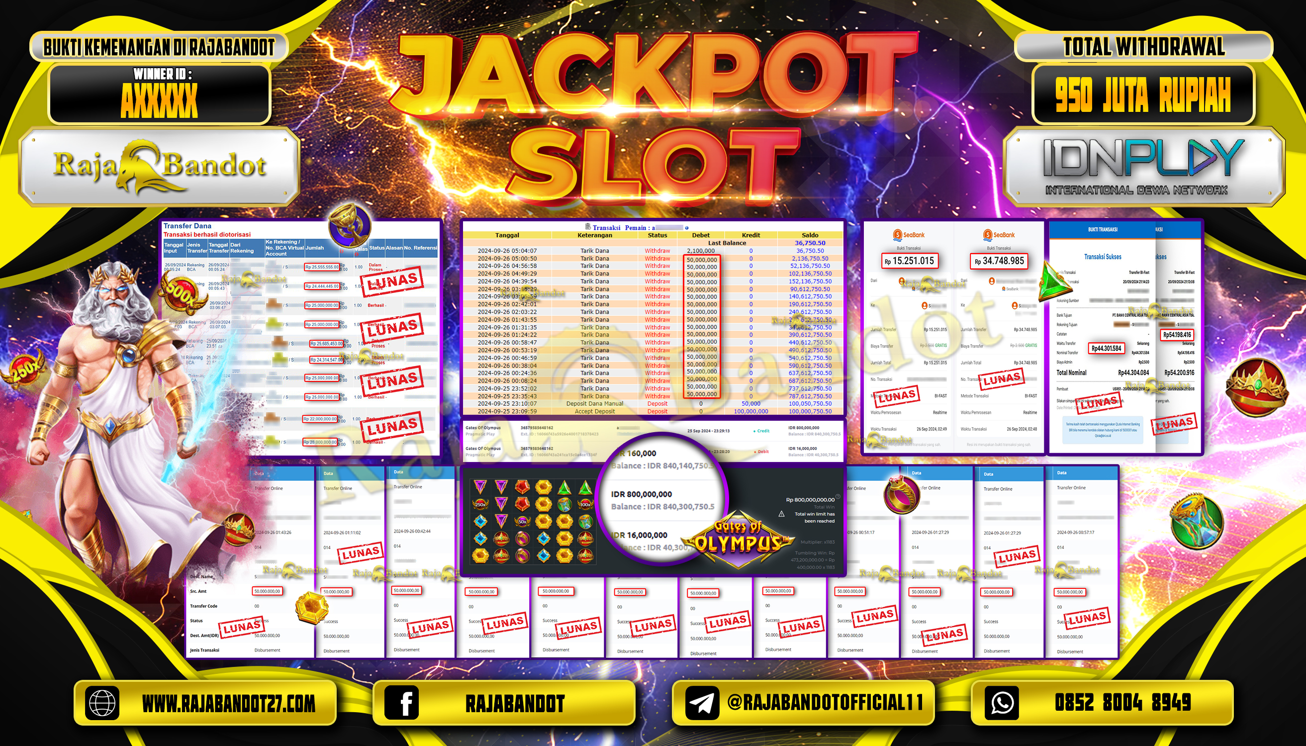 RAJABANDOT JACKPOT SLOT GATES OF OLYMPUS Rp.950,000,000,-