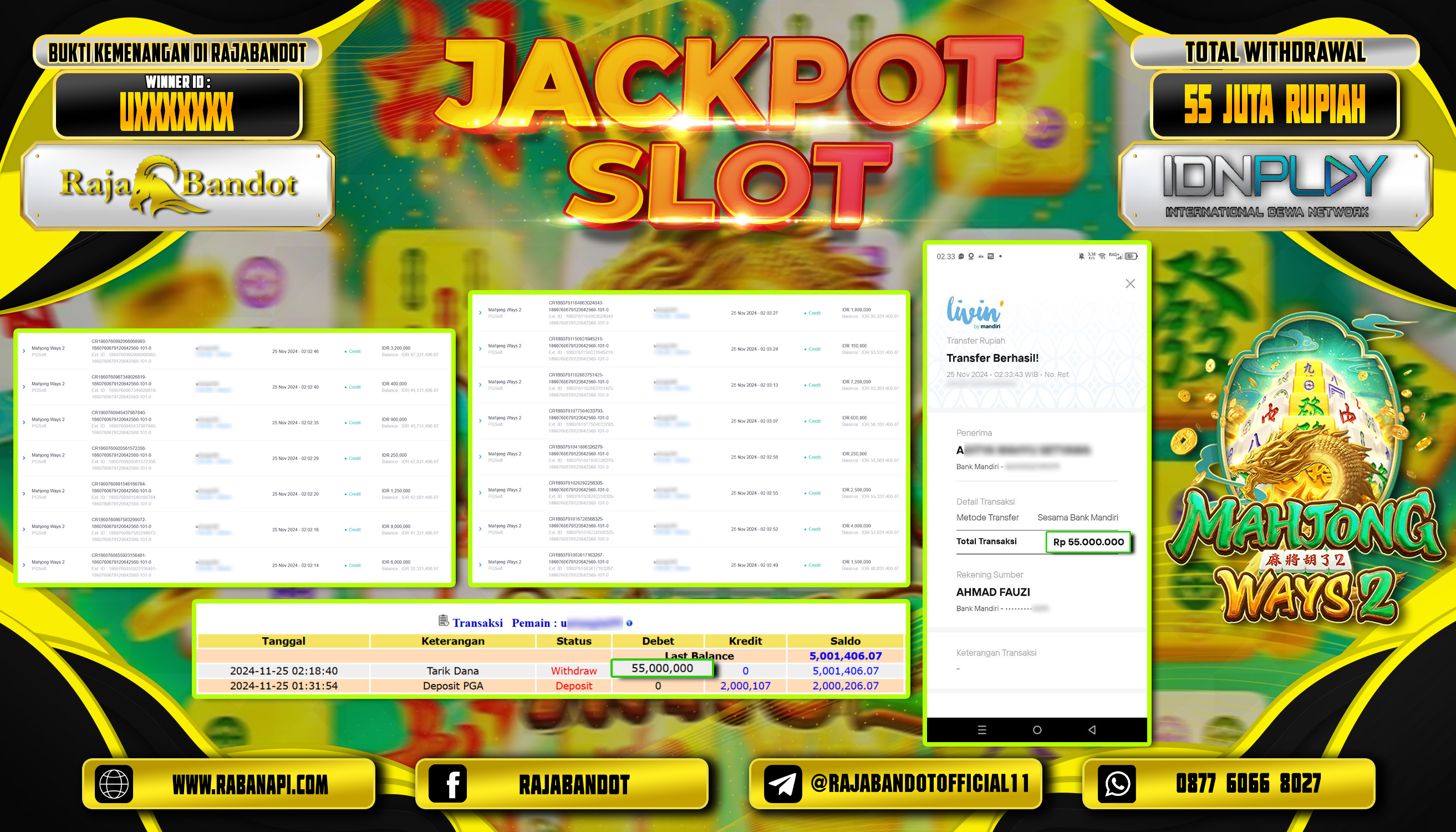 RAJABANDOT JACKPOT SLOT MAHJONG WAYS 2 Rp.55,000,000,-