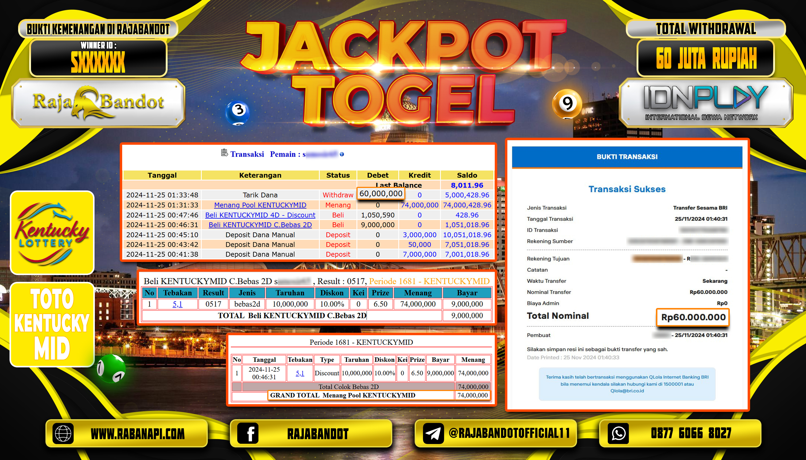 RAJABANDOT JACKPOT TOGEL KENTUCKY MIDDAY Rp.60,000,000,-