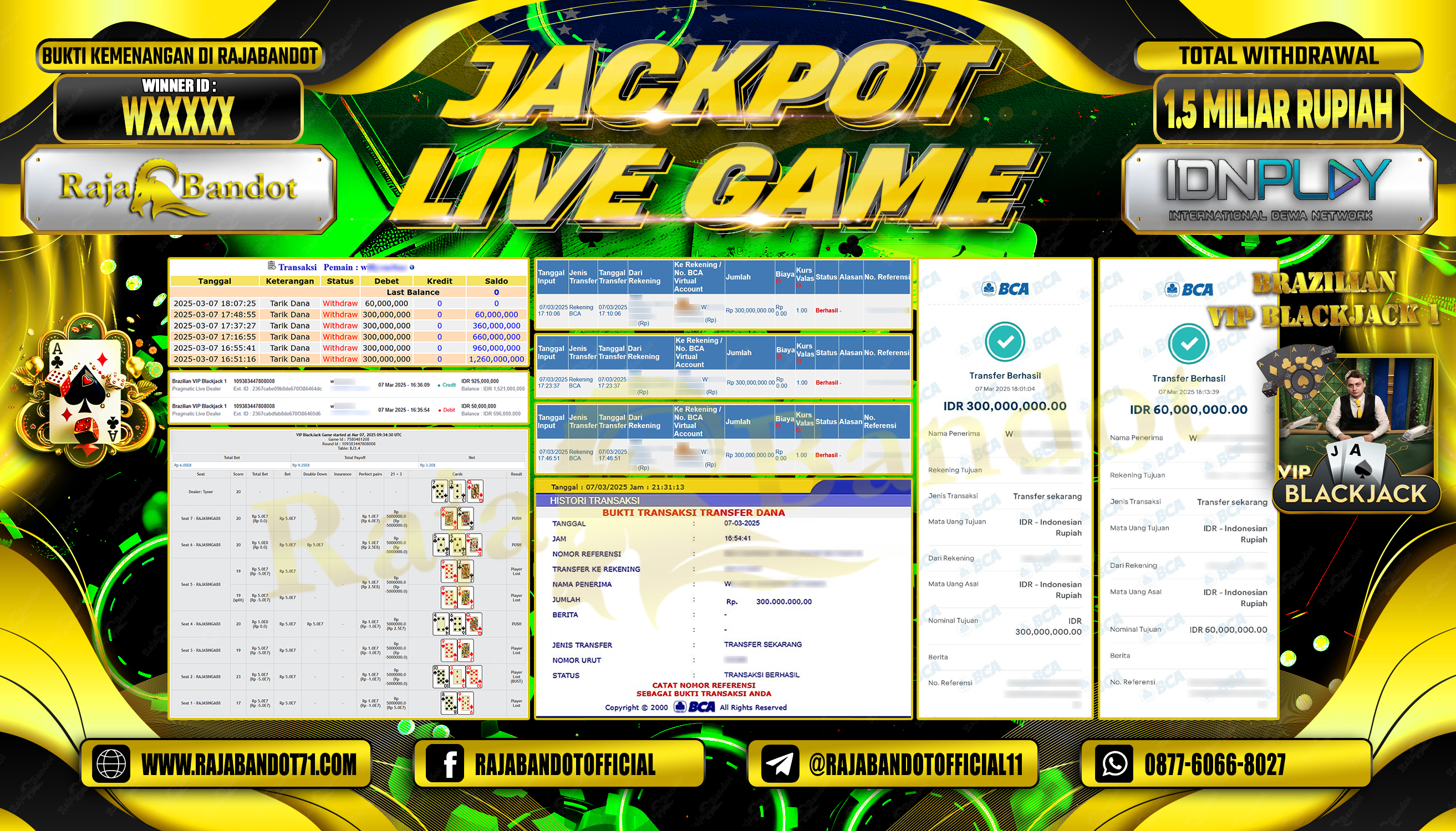 RAJABANDOT JACKPOT LIVE GAME BRAZILIAN VIP BLACKJACK 1 Rp.1,560,000,000,-