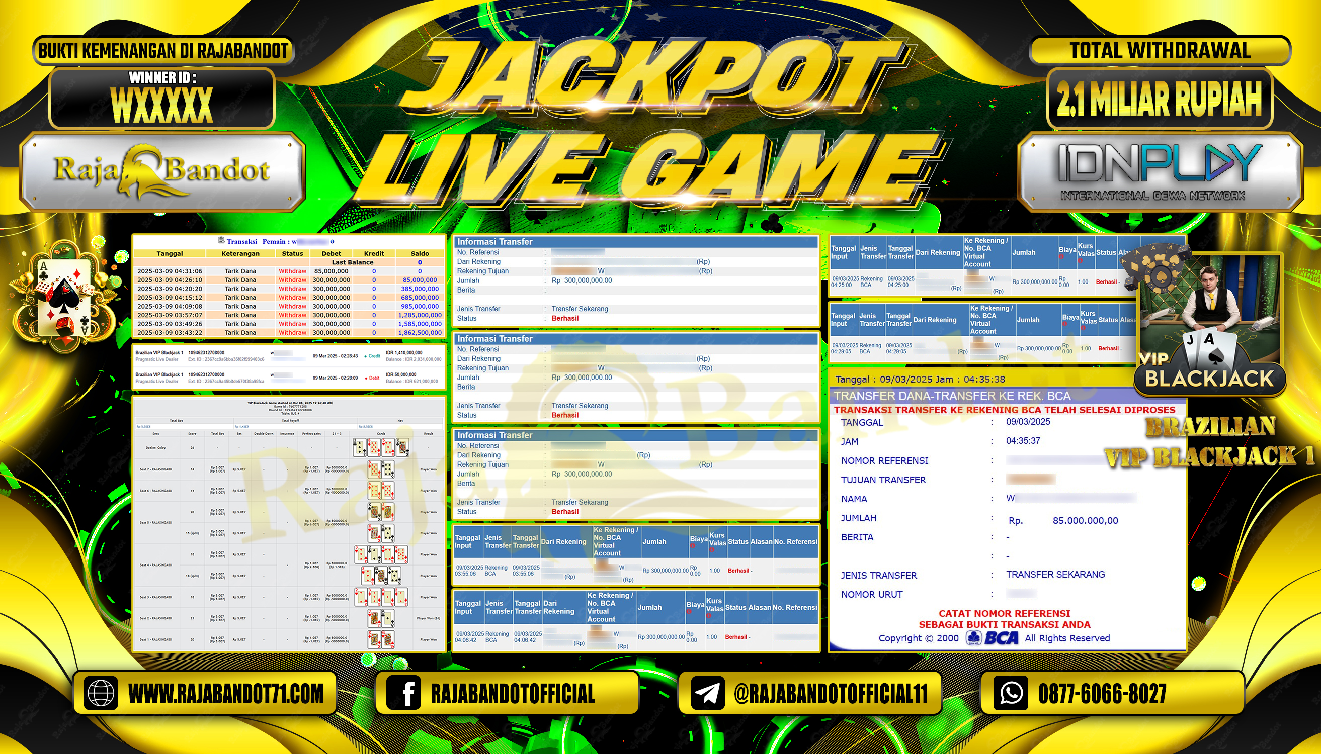 RAJABANDOT JACKPOT LIVE GAME BRAZILIAN VIP BLACKJACK 1 Rp.2,185,000,000,-