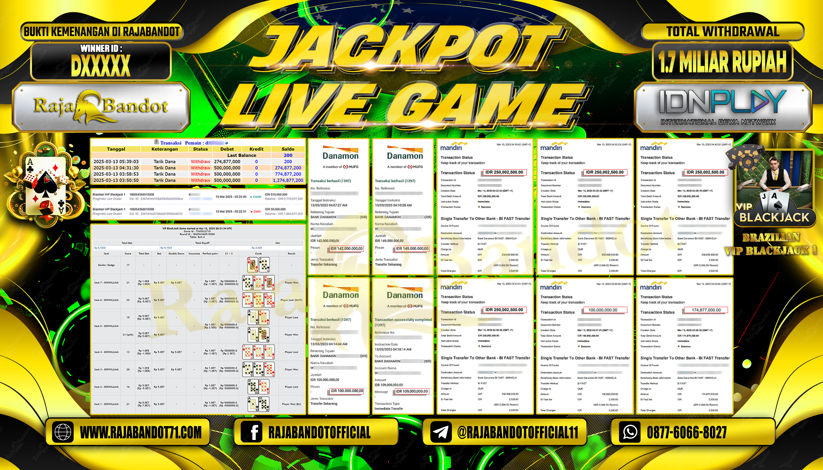 RAJABANDOT JACKPOT LIVE GAME BRAZILIAN VIP BLACKJACK 1 Rp.1,774,877,000,-