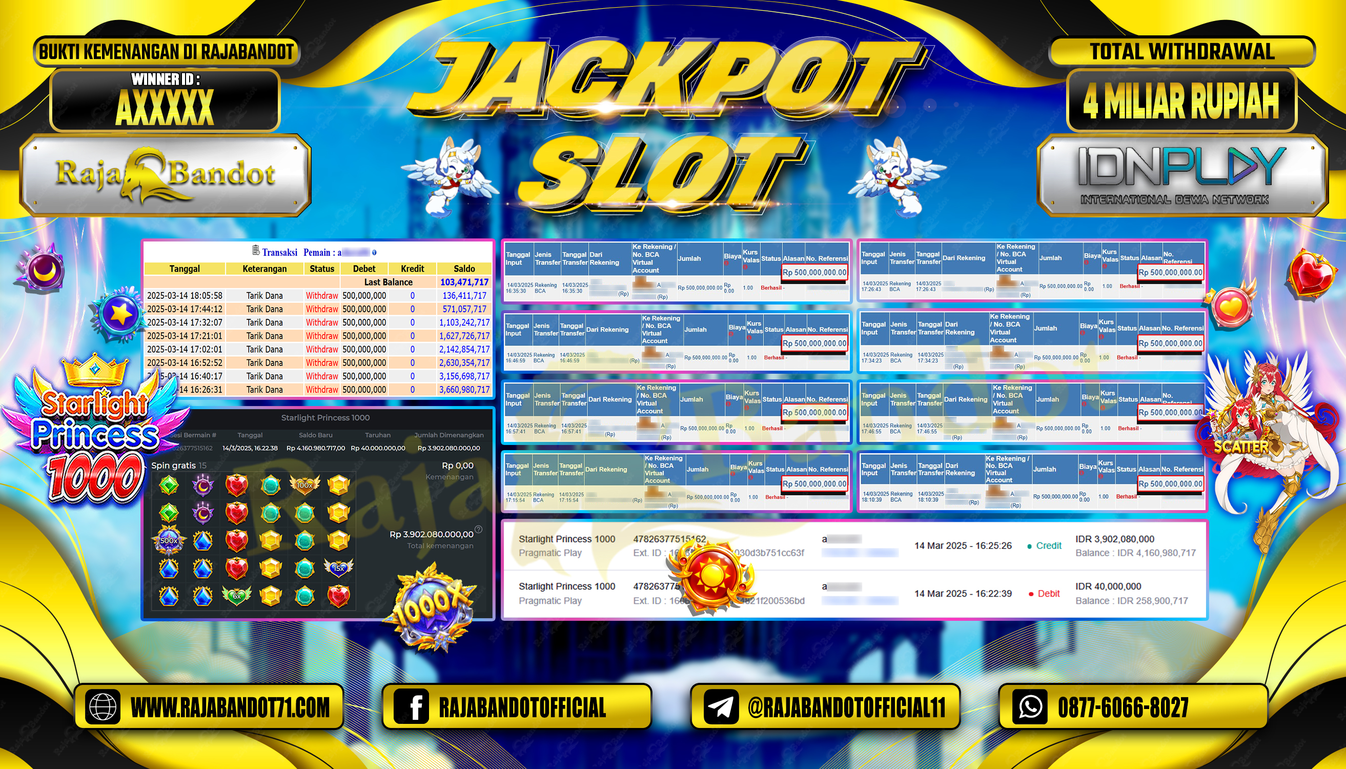 RAJABANDOT JACKPOT SLOT STARLIGHT PRINCESS 1000 Rp.4,000,000,000,-