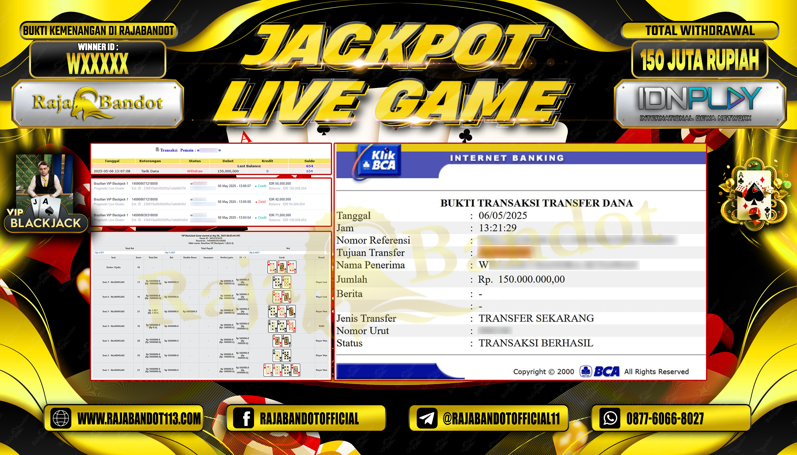 RAJABANDOT JACKPOT LIVE GAME BRAZZILIAN VIP BLACKJACK 1 Rp.150,000,000,-
