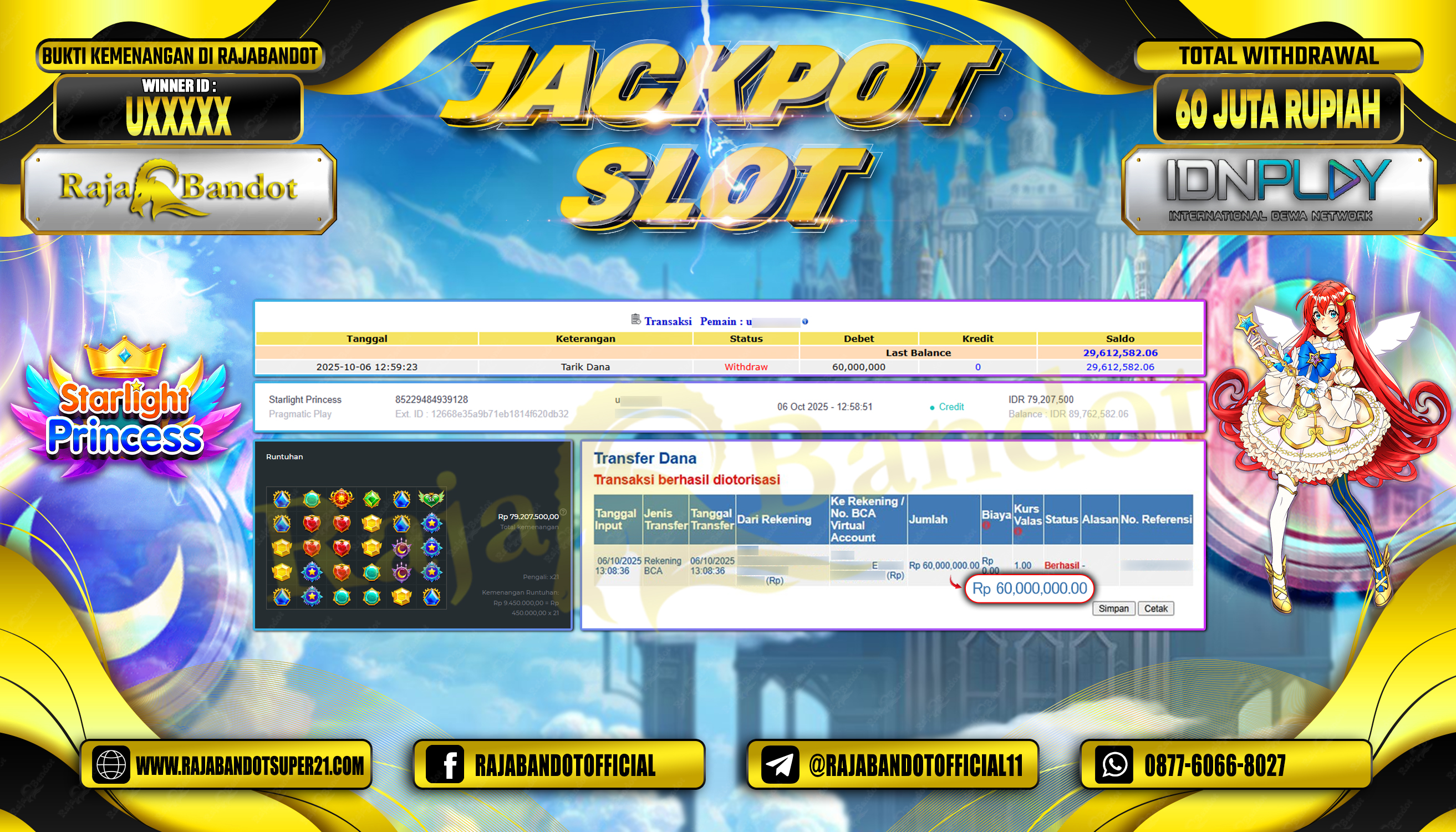 RAJABANDOT JACKPOT SLOT STARLIGHT PRINCESS Rp.60,000,000,-